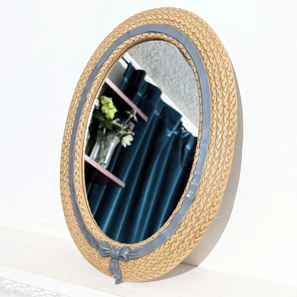 Vintage Cottagecore Basket Weave Blue Bow Oval Mirror Burwood Oval Mirror